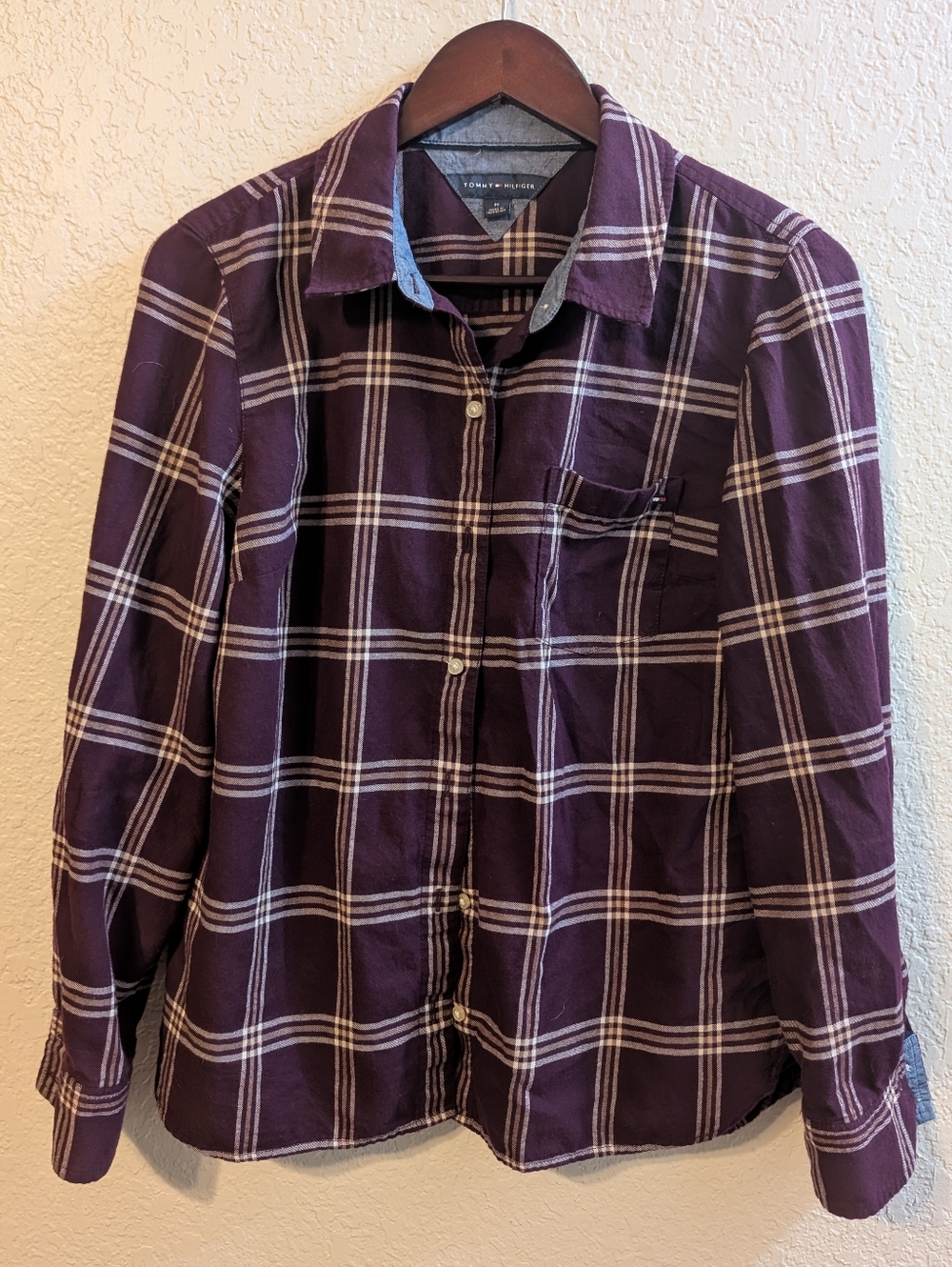 Tommy Hilfiger Burgundy Purple Plaid Long Sleeve Button Down Shirt, Size M